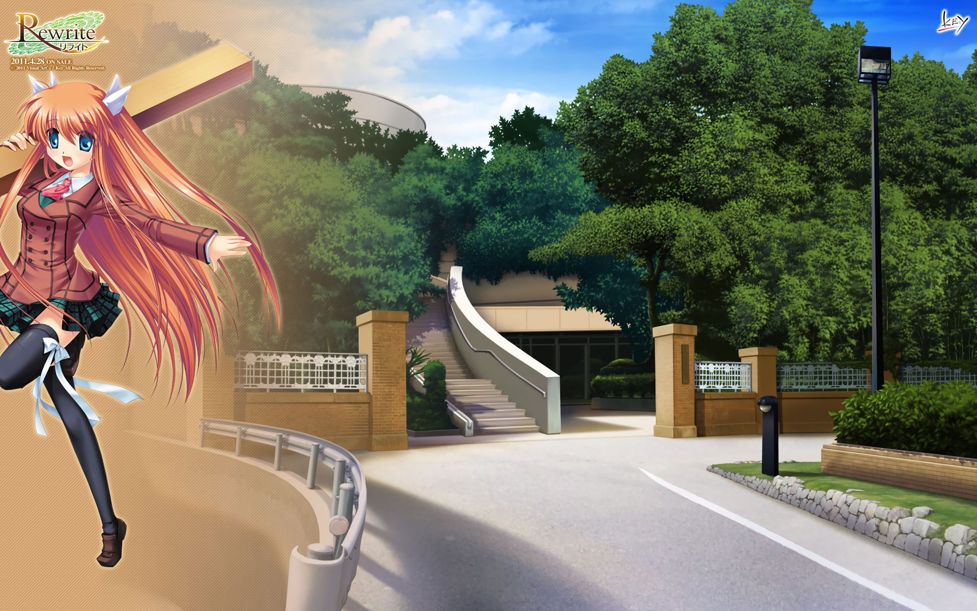 Anime Rewrite HD PC wallpaper: orange-haired schoolgirl in uniform at left, campus walkway with stairs and lush trees under a bright blue sky as a desktop background.