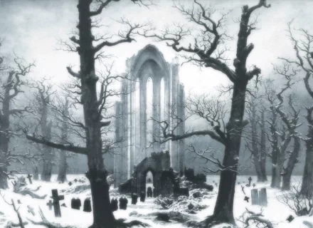 HD desktop wallpaper depicting a dark winter graveyard with bare trees and ruins. Snow blankets the cemetery, adding an eerie ambiance.