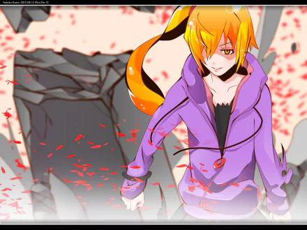 HD anime desktop wallpaper featuring Kiss-shot Acerola-orion Heart-under-blade, also known as Shinobu Oshino, from the Monogatari series with vibrant colors and dynamic pose.