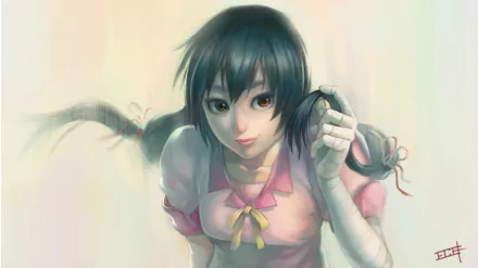 HD anime wallpaper featuring Suruga Kanbaru from the Monogatari series, depicted with dark hair, amber eyes, and a pink outfit against a soft, light background.