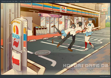 HD anime wallpaper featuring Tsukihi Araragi, Karen Araragi, and Koyomi Araragi with black, short hair, from the Monogatari series in a lively urban street scene.
