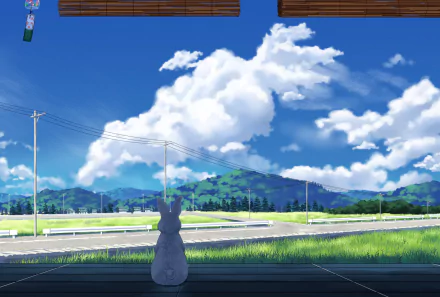 HD anime original desktop wallpaper showing a scenic countryside view with a cat sitting on a shaded porch, looking at clouds over distant green mountains.