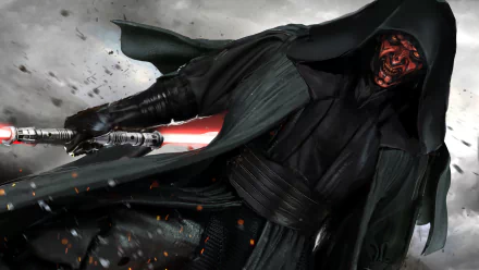 Darth Maul wielding a red lightsaber, dressed in a hooded cloak with gloves and a belt, stands in a dynamic pose from Star Wars: Episode I - The Phantom Menace, showcasing Sith power.