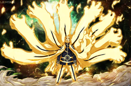 HD PC desktop wallpaper featuring Naruto Uzumaki from the anime Naruto, depicted in his powerful Nine-Tails Chakra Mode with vibrant fiery energy.