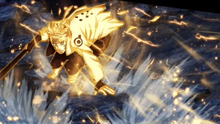 A dynamic HD desktop wallpaper featuring Naruto Uzumaki from the anime Naruto, showcasing his powerful energy and striking pose amidst a vibrant, electric background.