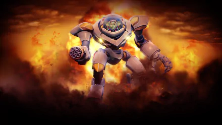HD desktop wallpaper featuring a dynamic scene from the video game Paladins, showcasing a powerful robotic character emerging from a fiery background.