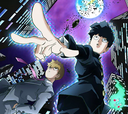 HD anime desktop wallpaper featuring characters Ekubo, Arataka Reigen, and Shigeo Kageyama from Mob Psycho 100, with a vibrant, dynamic background and cityscape at night.