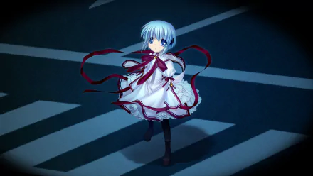 HD PC desktop wallpaper: Anime (Rewrite) girl with short blue hair in a white dress with red ribbons, ribbons swirling as she stands on a dramatic, shadowed striped background.