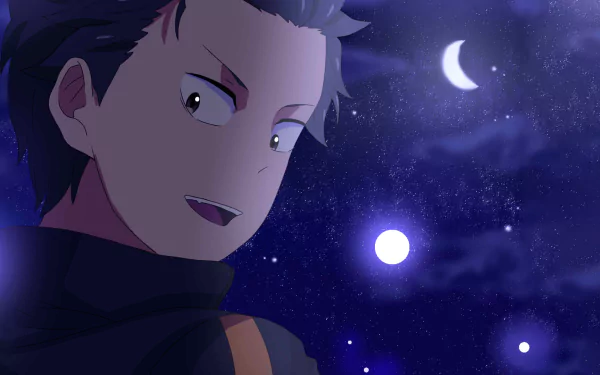 HD PC desktop wallpaper of Subaru Natsuki from the anime Re:Zero - Starting Life in Another World, featuring a nighttime sky with a crescent moon and glowing orbs.