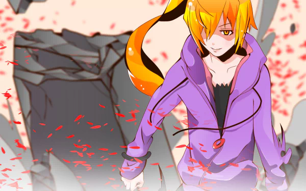 HD anime desktop wallpaper featuring Kiss-shot Acerola-orion Heart-under-blade, also known as Shinobu Oshino, from the Monogatari series with vibrant colors and dynamic pose.