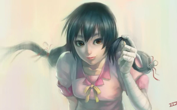 HD anime wallpaper featuring Suruga Kanbaru from the Monogatari series, depicted with dark hair, amber eyes, and a pink outfit against a soft, light background.