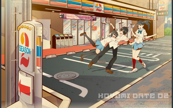 HD anime wallpaper featuring Tsukihi Araragi, Karen Araragi, and Koyomi Araragi with black, short hair, from the Monogatari series in a lively urban street scene.