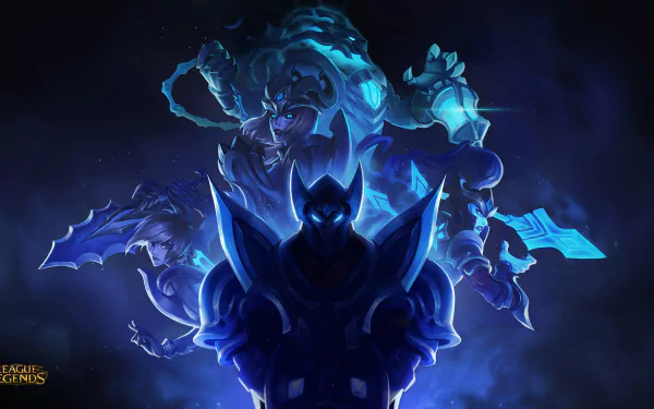 A striking HD wallpaper featuring characters Kalista, Shyvana, Thresh, Riven, and Zed from League of Legends, highlighted against a dramatic dark and blue background.