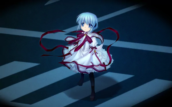 HD PC desktop wallpaper: Anime (Rewrite) girl with short blue hair in a white dress with red ribbons, ribbons swirling as she stands on a dramatic, shadowed striped background.