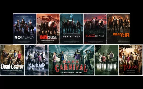 4K Ultra HD PC desktop wallpaper: collage of Left 4 Dead video game campaign posters arranged in two rows, featuring iconic survival-horror artwork.