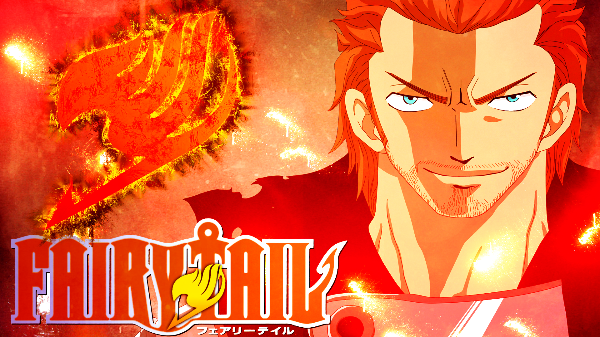 HD PC desktop wallpaper of Gildarts Clive from the anime Fairy Tail — close-up smirking portrait against a fiery red-orange background with the Fairy Tail guild emblem.