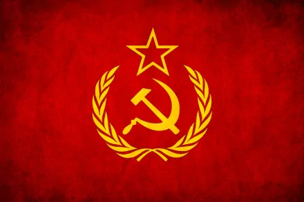 HD desktop wallpaper of the USSR flag, featuring the iconic hammer and sickle emblem with a star above, set against a red background representing communism. Decorated with a golden wreath.