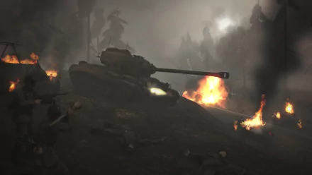 Heroes & Generals video game 2K Quad HD PC desktop wallpaper/background: smoky battlefield with a tank on a slope, fires and soldier silhouettes.
