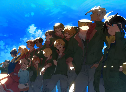 A vibrant HD desktop wallpaper from Mobile Suit Gundam: Iron-Blooded Orphans, featuring an ensemble of characters set against a bright blue sky.