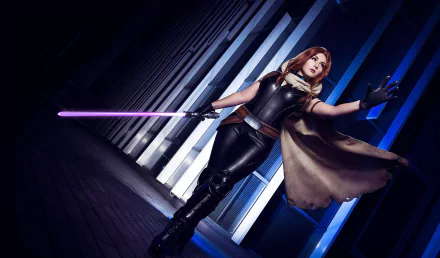 A woman dressed in Star Wars cosplay wields a purple lightsaber in a dynamic pose. The HD desktop wallpaper features dramatic lighting and a futuristic background.