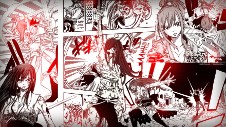 HD PC desktop wallpaper featuring Erza Scarlet from the anime Fairy Tail in a dynamic red and black manga-style collage.