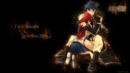 HD PC desktop wallpaper of Jellal Fernandes embracing Erza Scarlet from the anime Fairy Tail, with glowing effects and the text I will always love you Erza.