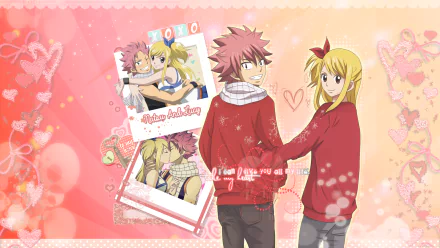HD wallpaper featuring Natsu Dragneel and Lucy Heartfilia from the anime Fairy Tail, showcasing their playful bond against a colorful, heart-themed backdrop.