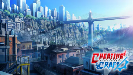 HD anime desktop wallpaper from Cheating Craft, featuring a detailed cityscape with modern skyscrapers, rocky cliffs, and a large bridge under a clear blue sky.