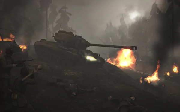 Heroes & Generals video game 2K Quad HD PC desktop wallpaper/background: smoky battlefield with a tank on a slope, fires and soldier silhouettes.