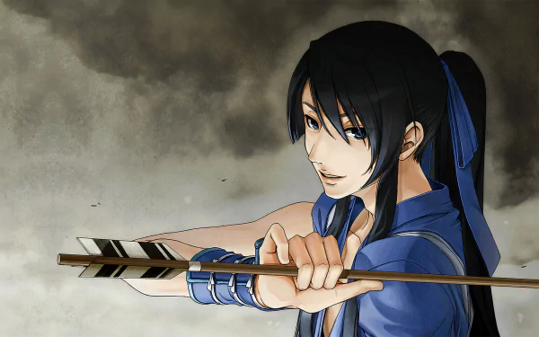 A character from the anime Drifters poses confidently with a bow and arrow, set against a dramatic dark background. High-definition wallpaper for desktops.