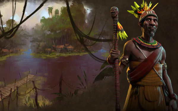 HD PC desktop wallpaper featuring Mvemba a Nzinga from Kongo in the video game Civilization VI, set against a lush, misty jungle river background.