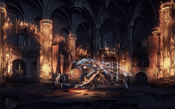 Video Game Dark Souls III Dark Souls Knight Warrior Fire Spear Sword Fight Armor Creature HD Wallpaper | Background Image