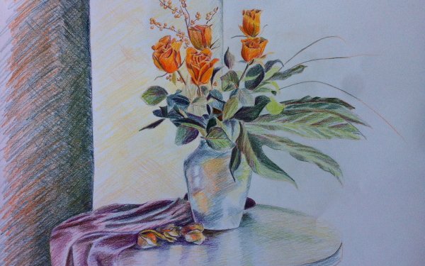 Artistic Drawing Flower Rose Vase Still Life HD Wallpaper | Background Image