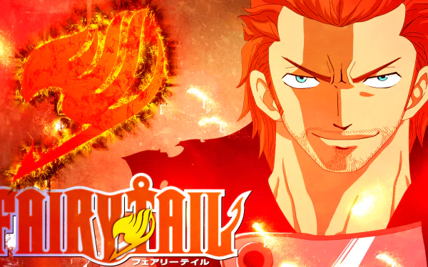 HD PC desktop wallpaper of Gildarts Clive from the anime Fairy Tail — close-up smirking portrait against a fiery red-orange background with the Fairy Tail guild emblem.
