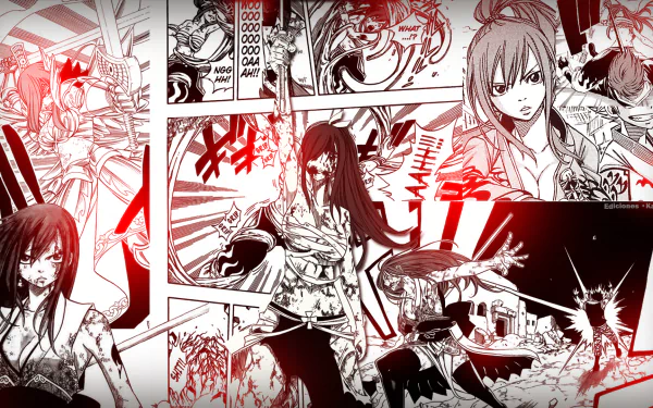 HD PC desktop wallpaper featuring Erza Scarlet from the anime Fairy Tail in a dynamic red and black manga-style collage.