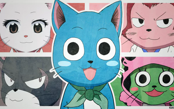 A vibrant HD wallpaper featuring beloved characters from Fairy Tail: Happy, Frosch, Panther Lily, Charles, and Lector, showcasing their distinct styles and expressions in a colorful collage.