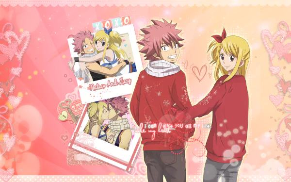 HD wallpaper featuring Natsu Dragneel and Lucy Heartfilia from the anime Fairy Tail, showcasing their playful bond against a colorful, heart-themed backdrop.