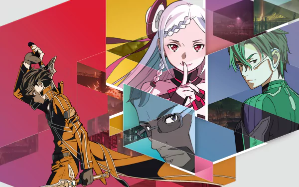 HD desktop wallpaper featuring characters from Sword Art Online: Ordinal Scale, including Kirito, Yuna, and Eiji, highlighted in dynamic colors and geometric patterns.
