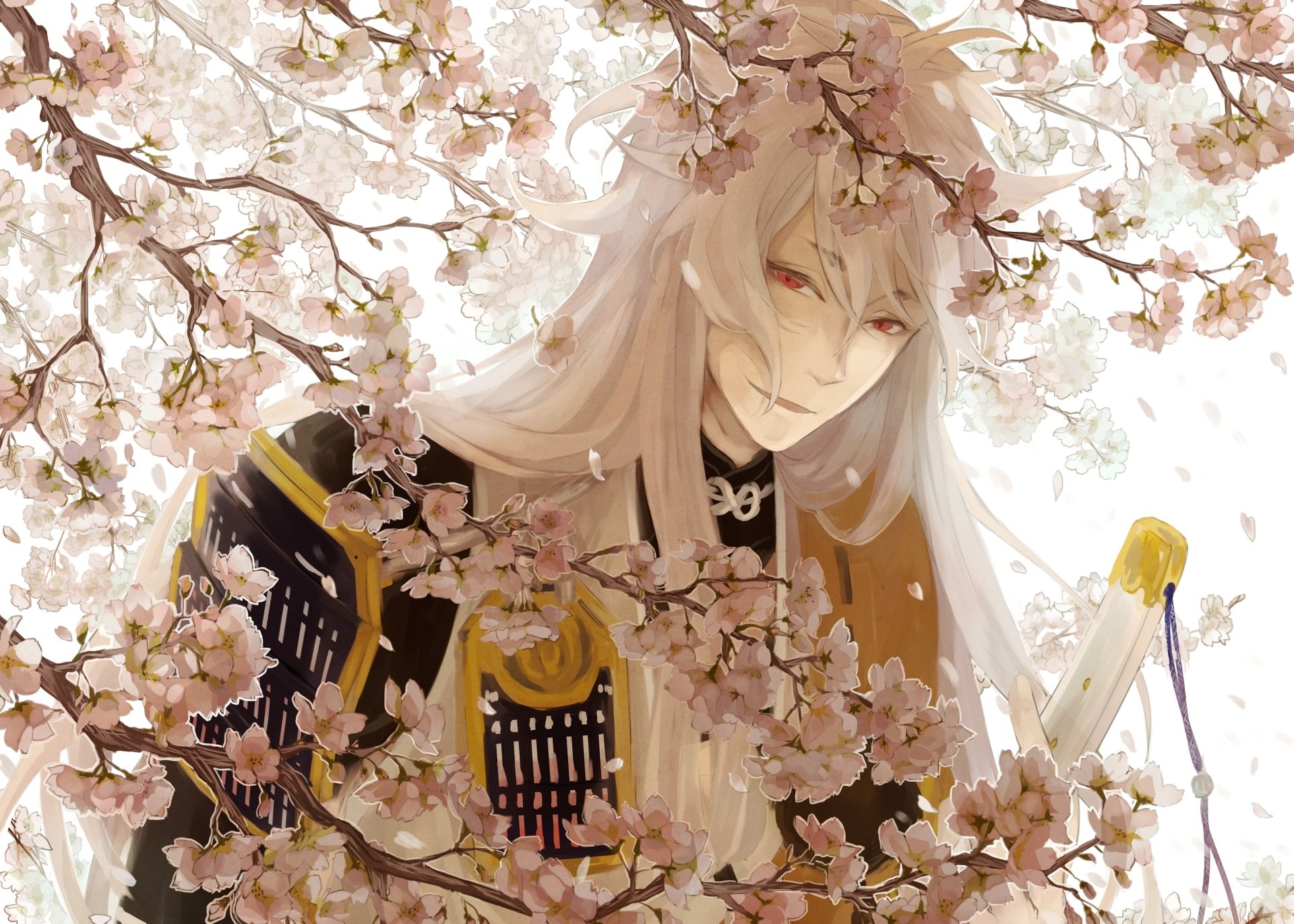 HD PC desktop wallpaper featuring an anime character from Touken Ranbu surrounded by blooming cherry blossoms.