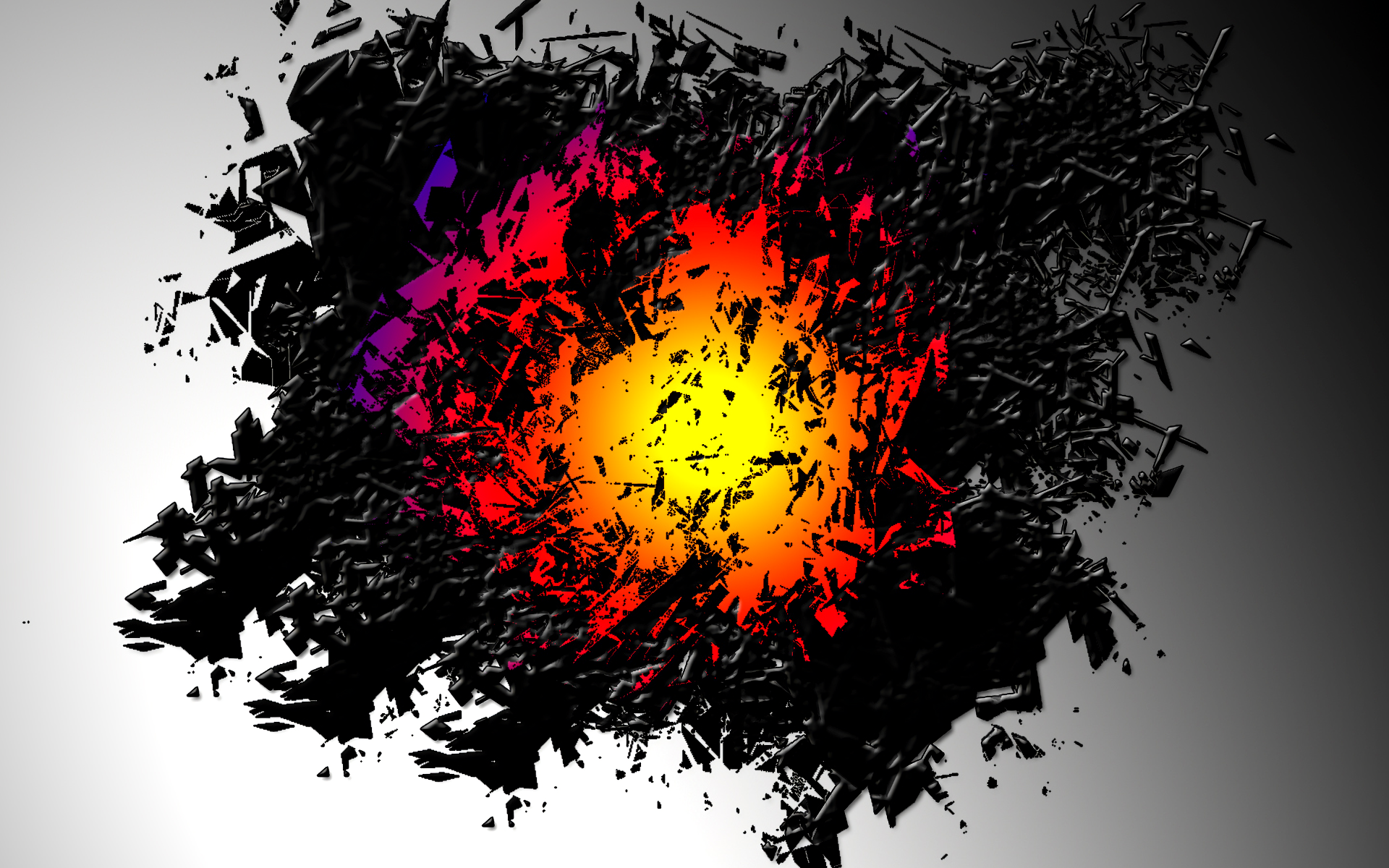 Abstract CGI image with vibrant red, yellow, and purple colors amid black textures, creating a dynamic visual for HD desktop wallpaper and background.