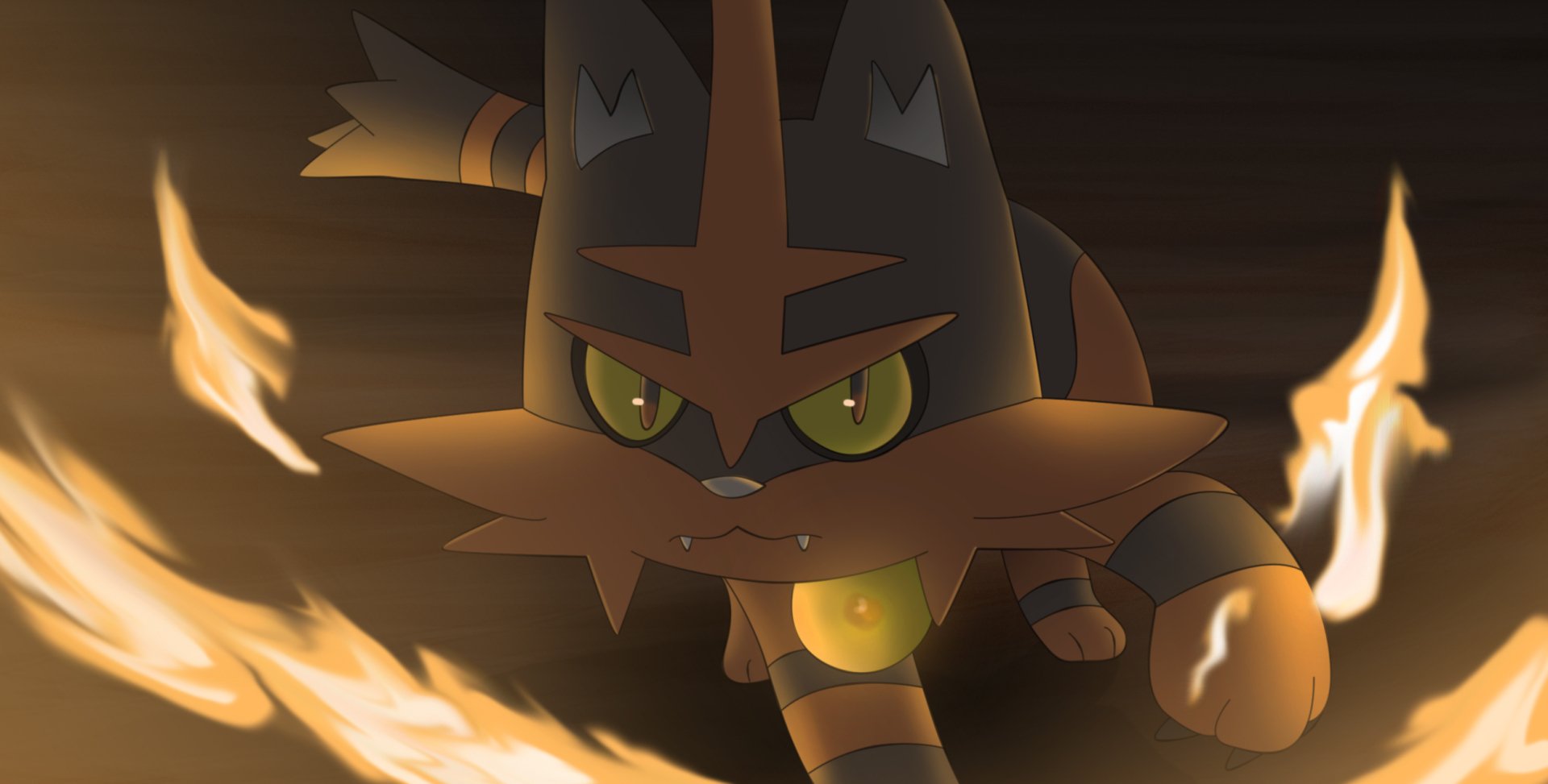 HD PC desktop wallpaper featuring Torracat from Pokémon Sun and Moon, captured in dynamic action with flames, highlighting the video game character's fiery nature.