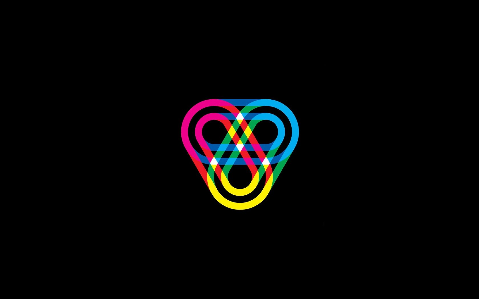 HD PC desktop wallpaper: fischerspooner artistic shapes — neon cyan, magenta and yellow interlocking loops form a triangular heart on a black background.