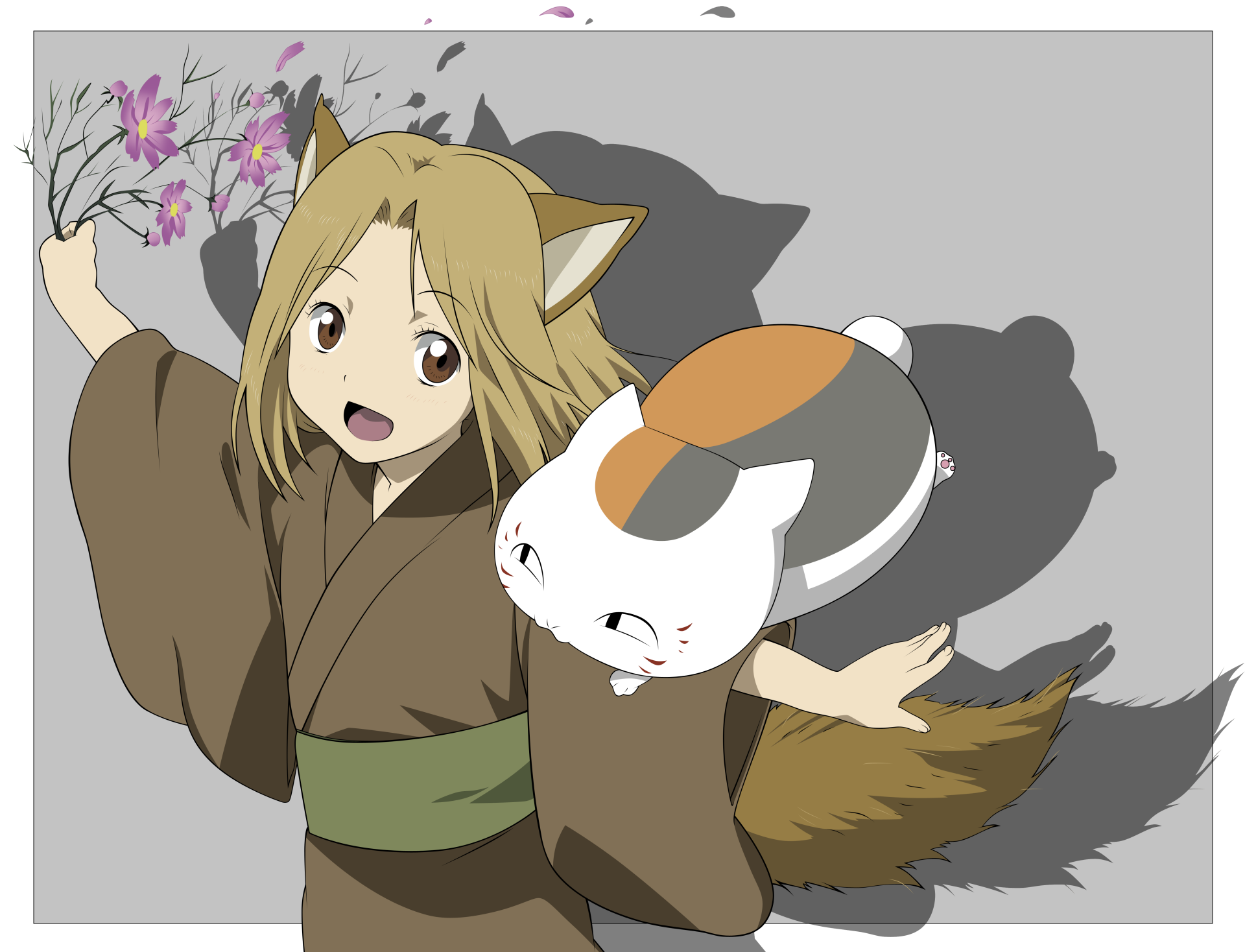Natsume Yuujinchou anime 4K Ultra HD wallpaper featuring a character with fox ears and tail holding flowers, accompanied by a cat from Natsume's Book of Friends.