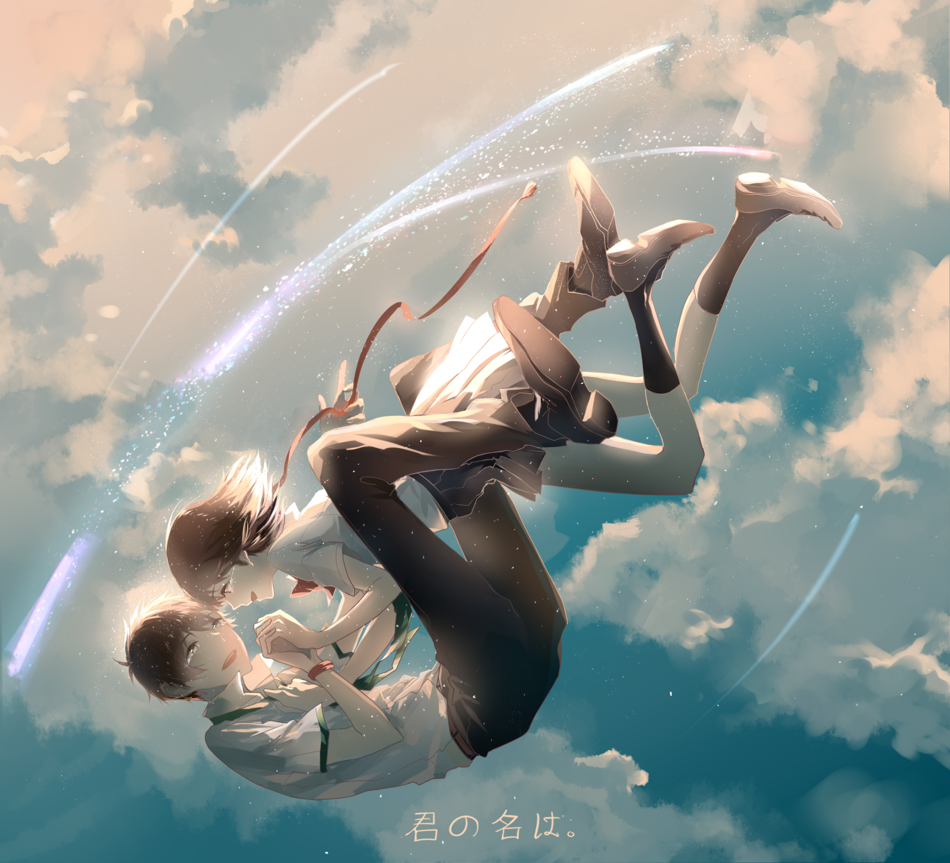 A stunning HD wallpaper featuring Taki Tachibana and Mitsuha Miyamizu from Your Name. Captured in a dreamy embrace against a vibrant sky, this anime art radiates emotion and beauty.