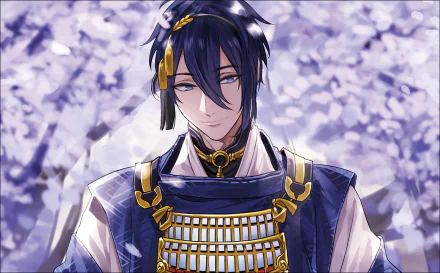 HD anime desktop wallpaper featuring a character from Touken Ranbu dressed in detailed traditional armor against a backdrop of soft purple cherry blossoms.