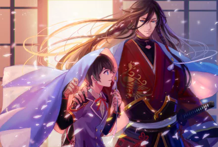 Anime-style HD PC desktop wallpaper featuring two characters from Touken Ranbu, one with long flowing hair and ornate attire, the other holding a sword.