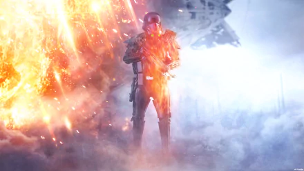 A stormtrooper stands amidst explosions in this HD wallpaper, capturing the intense action of the Battlefield video game set in the Star Wars universe.