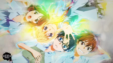 A vibrant HD desktop wallpaper featuring characters from the anime Your Lie in April, showcasing a dynamic arrangement with bright colors and playful expressions.