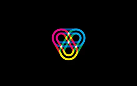 HD PC desktop wallpaper: fischerspooner artistic shapes — neon cyan, magenta and yellow interlocking loops form a triangular heart on a black background.
