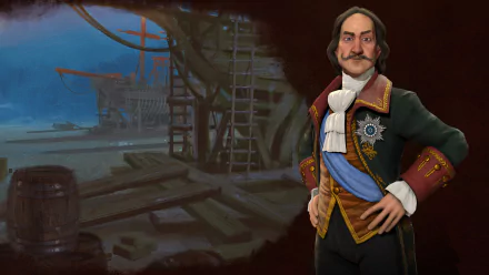 Civilization VI video game leader portrait of Peter the Great of Russia, posed with hands on hips before a shipyard — HD PC desktop wallpaper.